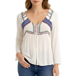 Jachs Girlfriend Boho Top M White Multicolor Embroidered Button Front Sheer